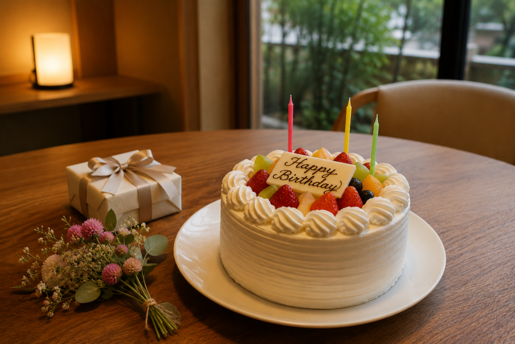 城崎温泉 泉翠の記念日プラン。誕生日ケーキと花束で大切な一日を彩るお祝いの演出