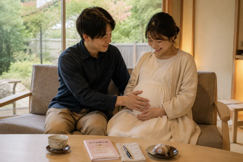 妊娠中のご旅行をご検討されるご夫婦。旅行前に体調や医師への相談を大切にしていただきたいイメージ