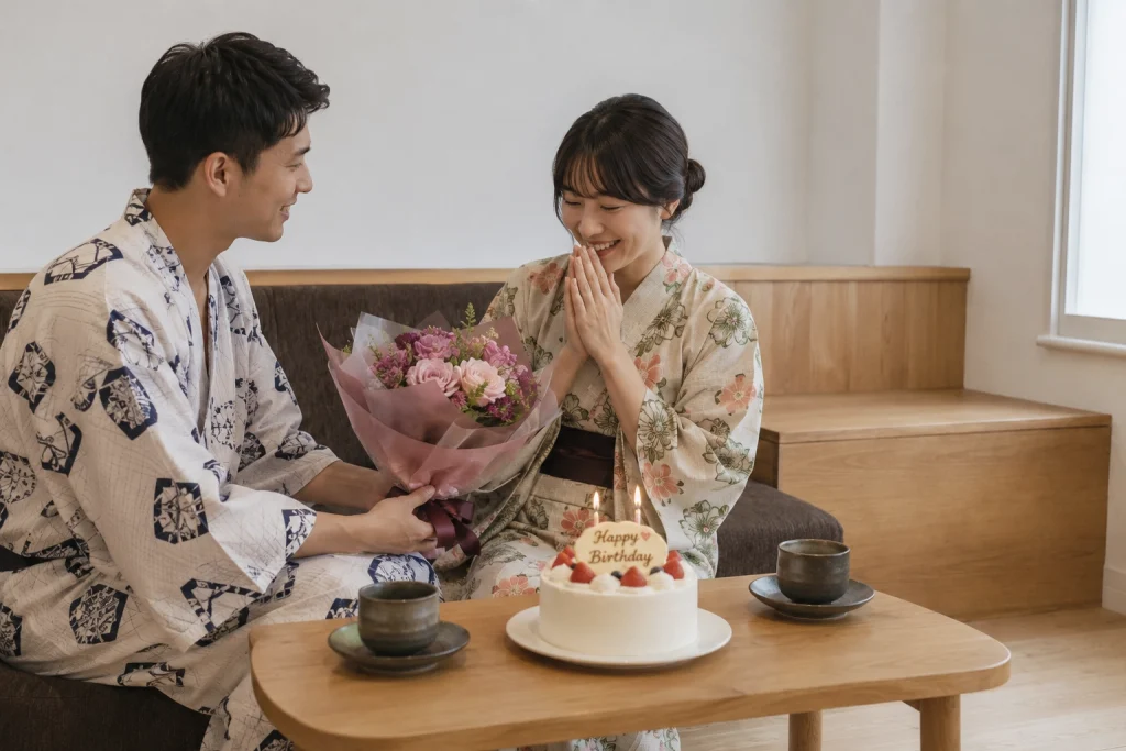 ゆかた姿で誕生日をお祝いするカップルの記念日旅行イメージ